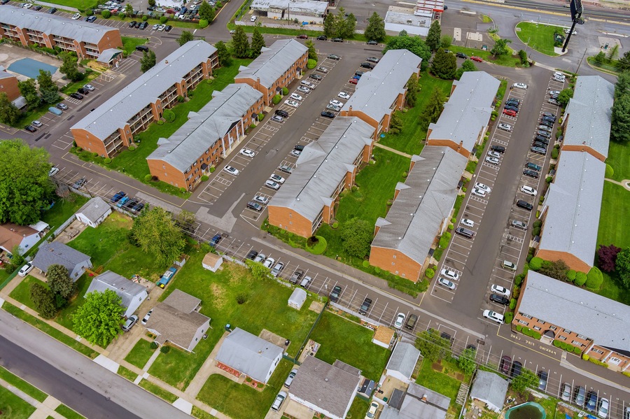 Wide panorama, aerial view with tall buildings, in the beautiful residential quarters apartment complex Bensalem town Pennsylvania