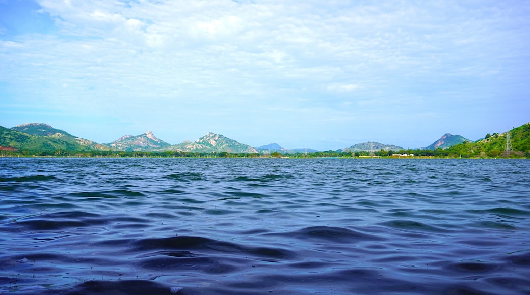 A lake with mountains in the background.