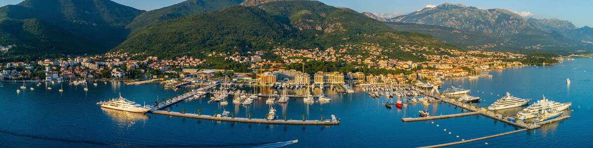 Aerial panoramic view of the evening in Porto Montenegro in Tivat