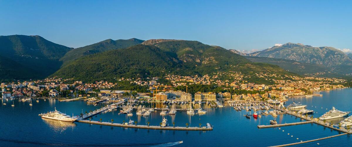Aerial panoramic view of the evening in Porto Montenegro in Tivat