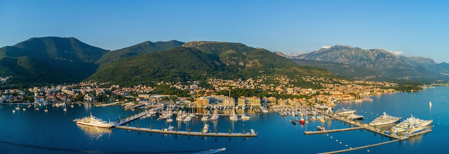 Aerial panoramic view of the evening in Porto Montenegro in Tivat