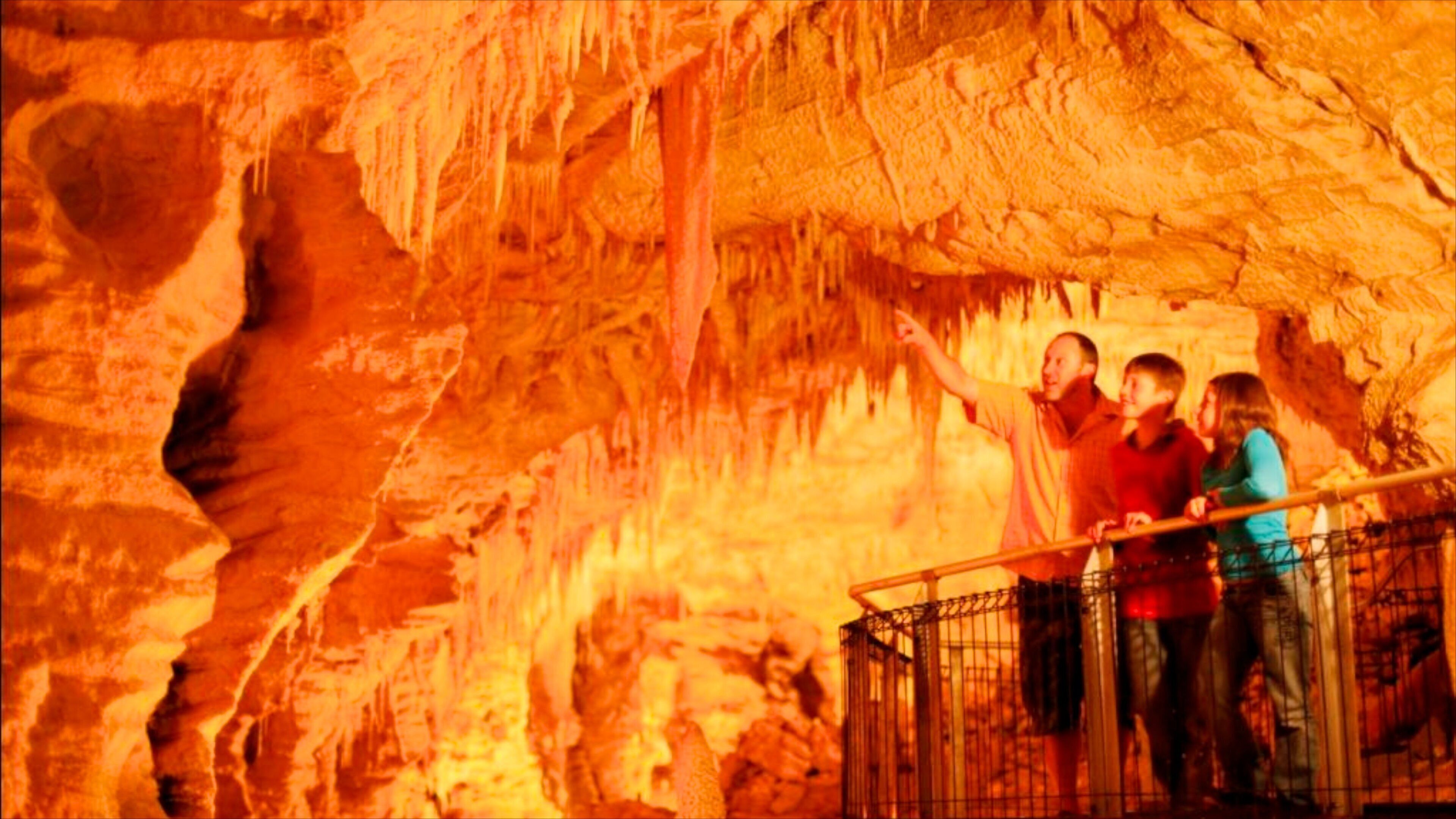A group of people observing cave formations.