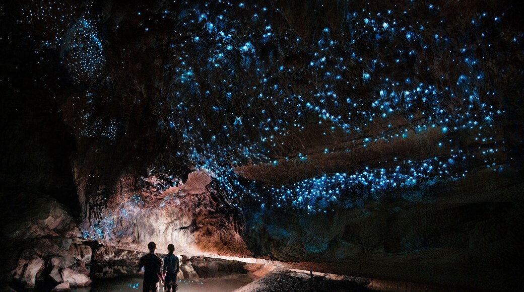 Two people walking through a cave with bioluminescent blue lights.