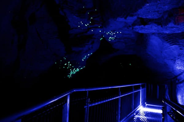 A dimly lit cave with blue lighting and a metal staircase.