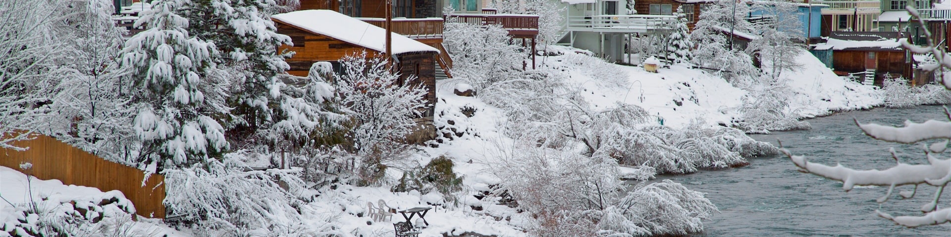 A snow-covered riverbank with houses and trees.