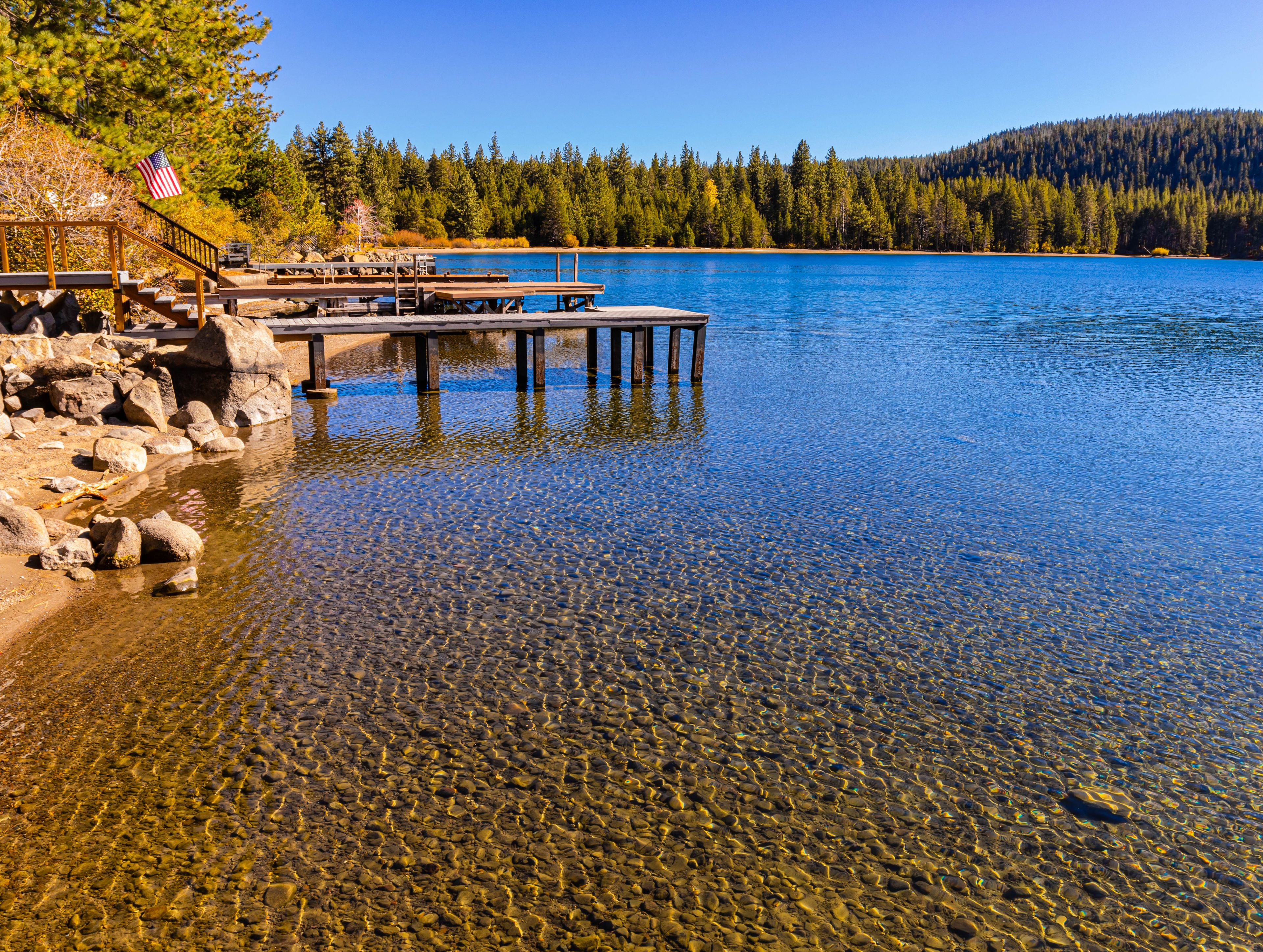 Wooden Pier and Mountains Near Shoreline Park, Donner Lake Memorial State Park, Truckee, California, USA
