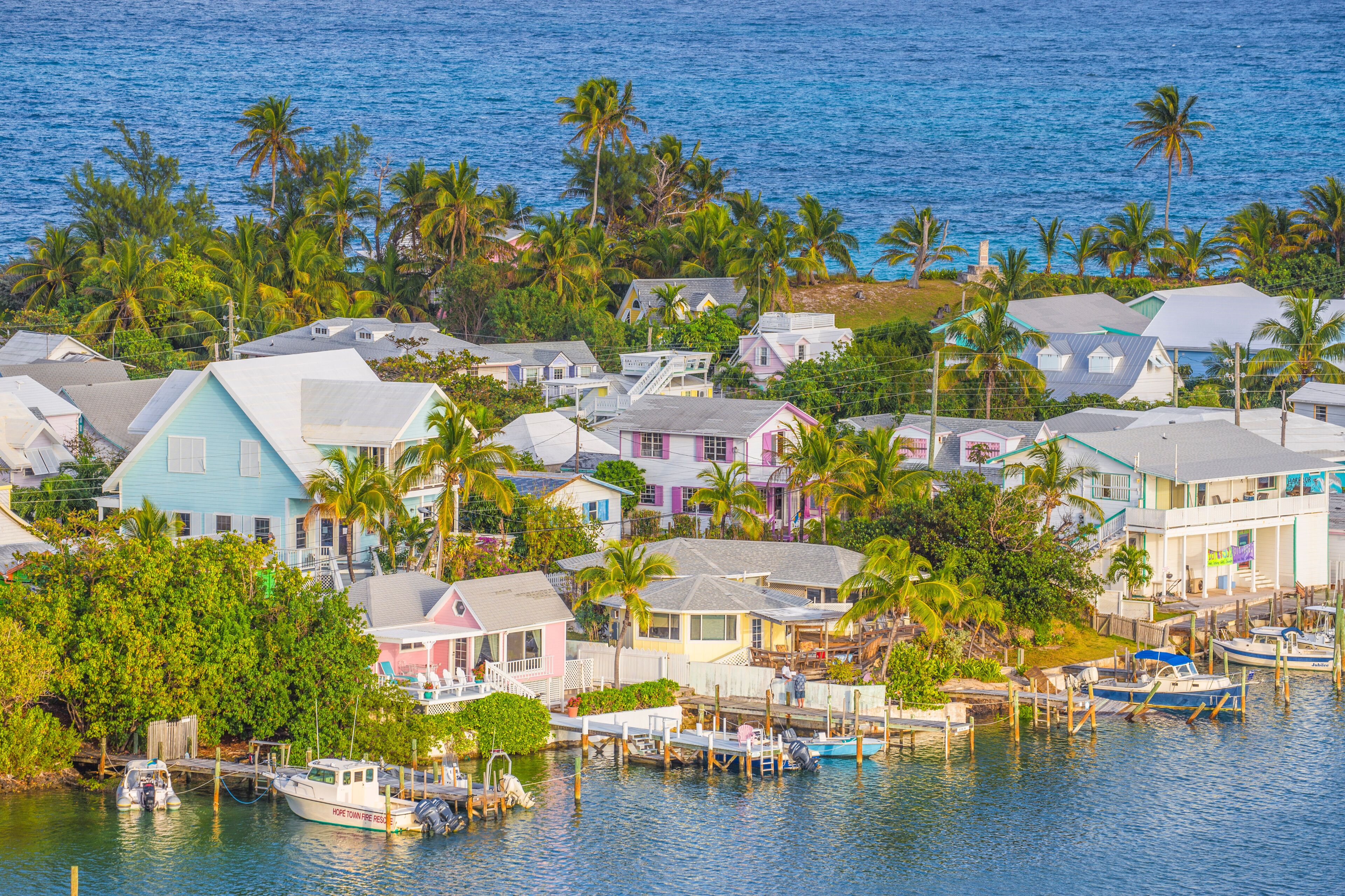 Bahamas, Abaco Islands, Elbow Cay, Hope Town, View of Harbour