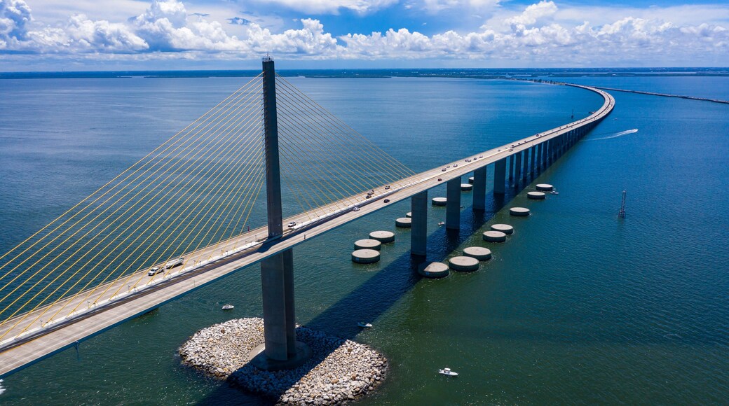 Sunshine Skyway bridge drone view looking south to Manatee county