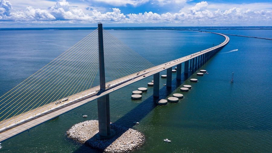 Sunshine Skyway bridge drone view looking south to Manatee county