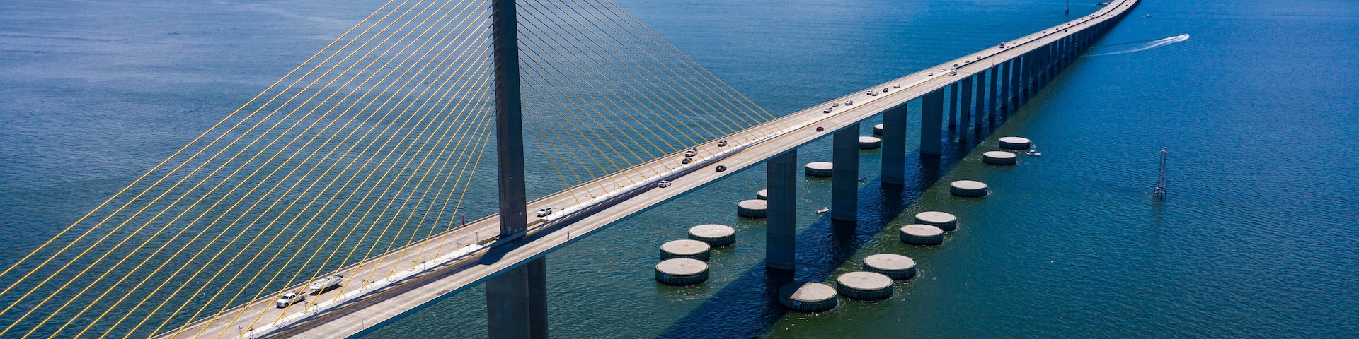 Sunshine Skyway bridge drone view looking south to Manatee county