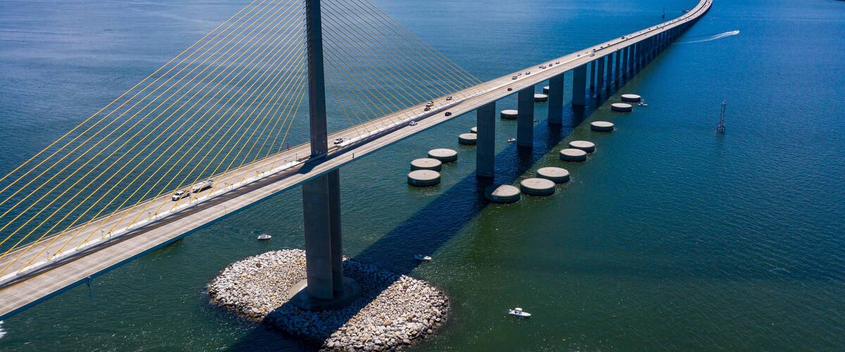 Sunshine Skyway bridge drone view looking south to Manatee county