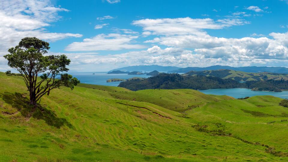 Panoramic view of the Hauraki Gulf (Tikapa Moana), Coromandel Peninsula, north from the western end of the Bay of Plenty, North Island, New Zealand
