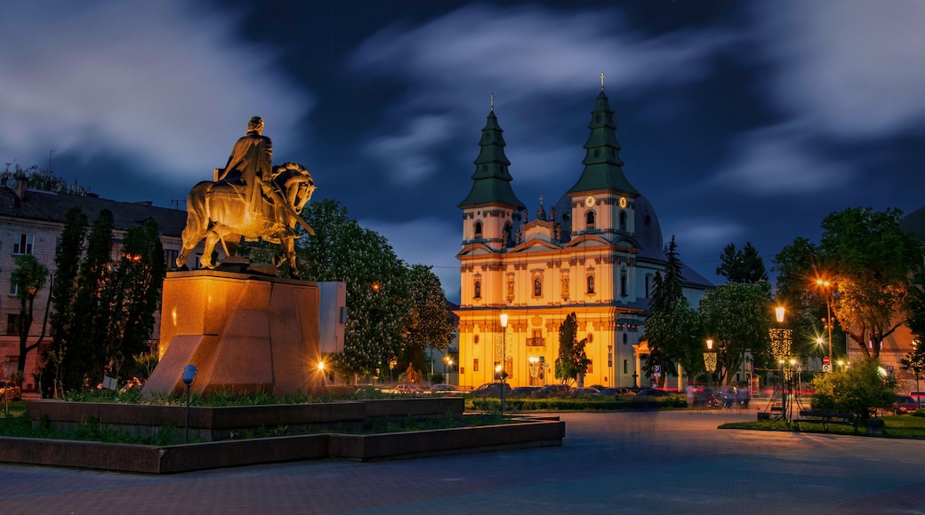 Picturesque nightscape of central square of Ternopil, Ukraine.
