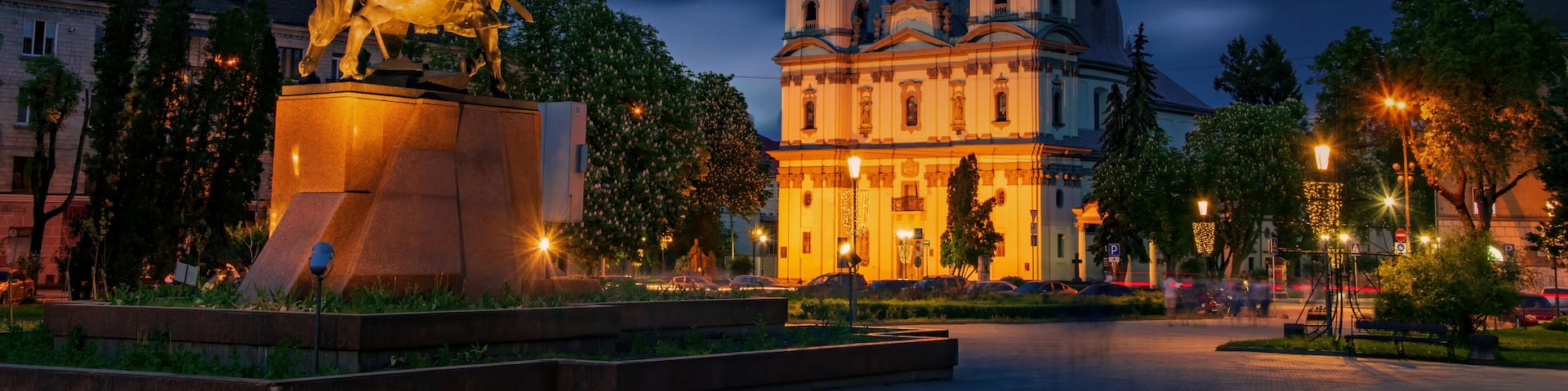 Picturesque nightscape of central square of Ternopil, Ukraine.
