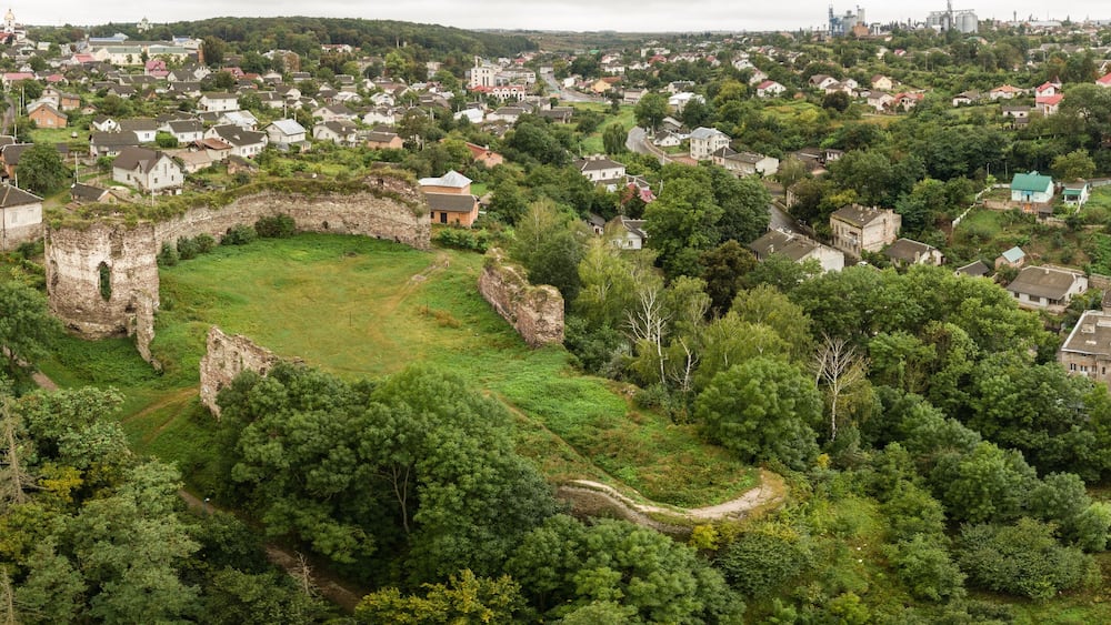 Aerial top view from drone to castle ruins in Buchach, Ternopil region, Ukraine