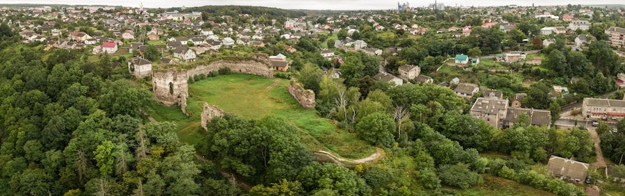 Aerial top view from drone to castle ruins in Buchach, Ternopil region, Ukraine