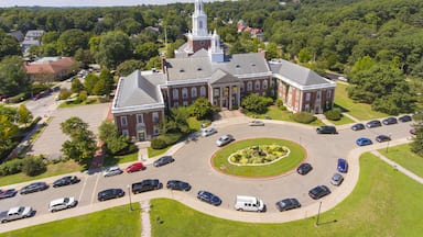 Newton City Hall aerial view in downtown Newton, Massachusetts, USA.