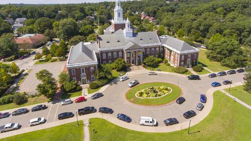 Newton City Hall aerial view in downtown Newton, Massachusetts, USA.
