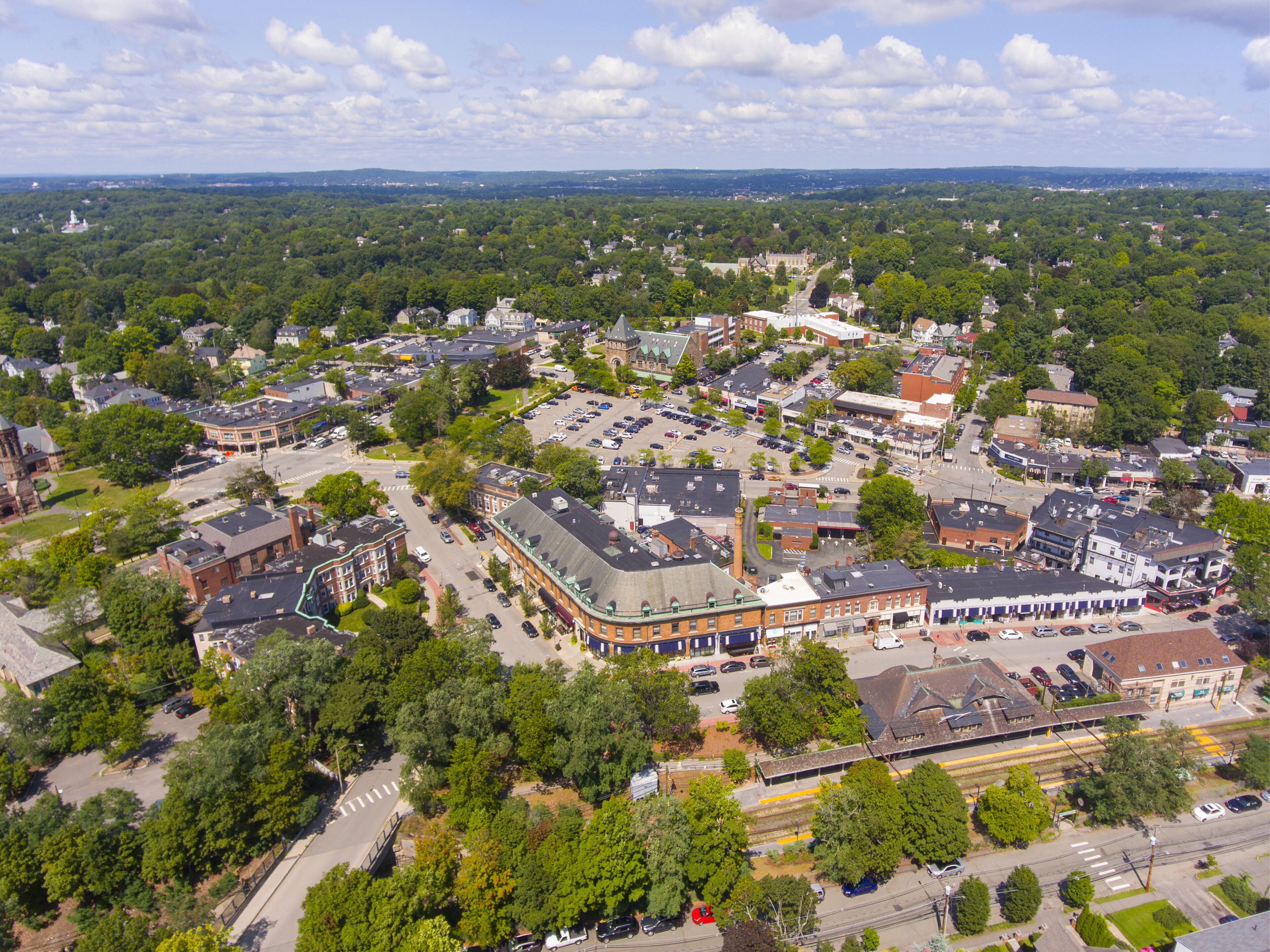 Historic building in Union Street Historic District aerial view in Newton Centre, Massachusetts, USA.