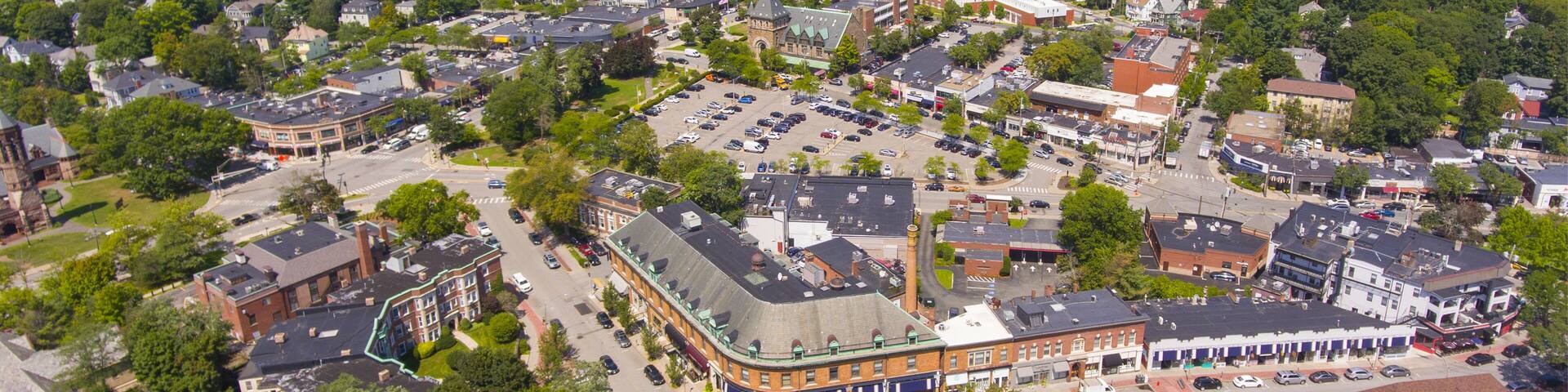 Historic building in Union Street Historic District aerial view in Newton Centre, Massachusetts, USA.