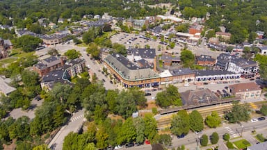 Historic building in Union Street Historic District aerial view in Newton Centre, Massachusetts, USA.