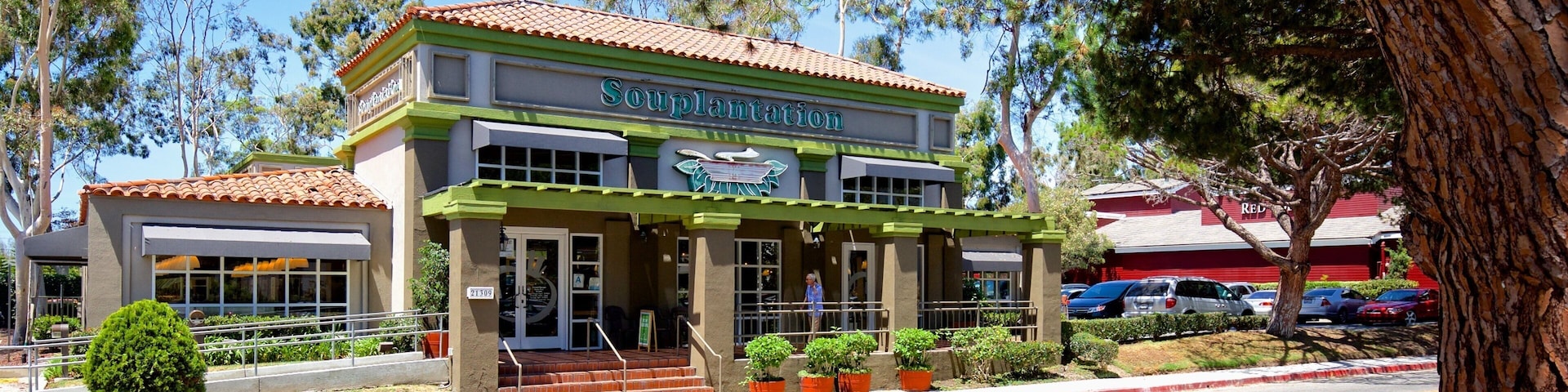 A building named 'Souplantation' with a green facade and a red-tiled roof.