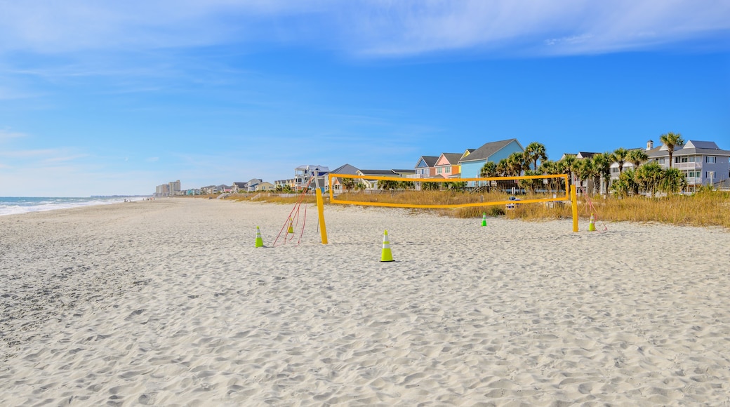 The wide sandy beach and dry sea grass along the Grand Strand Atlantic coastline, with colorful vacation homes along the shoreline and a volleyball net on the dunes, in Surfside Beach, South Carolina.