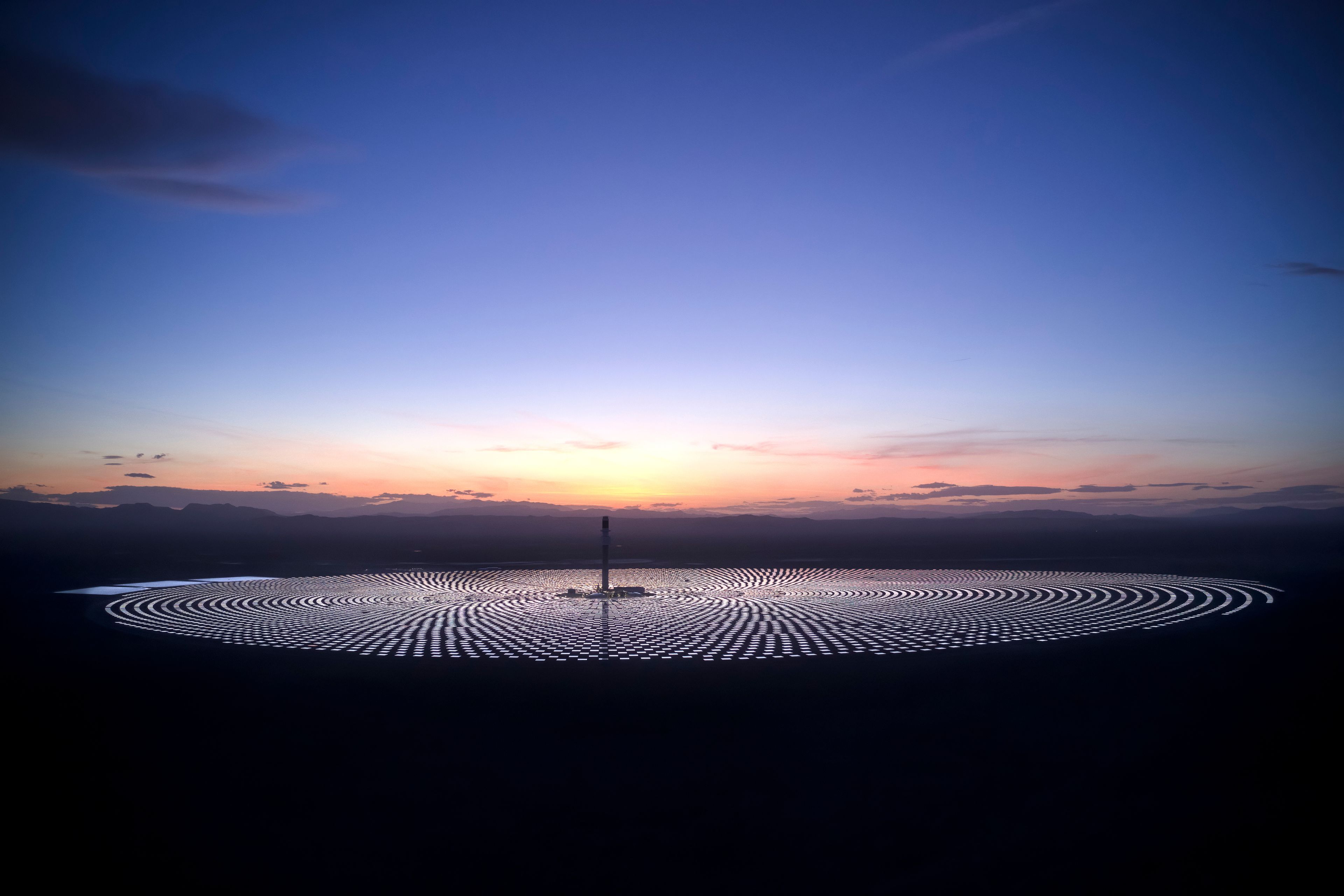 An aerial view of the Crescent Dunes Solar Energy Project at sunset near Tonopah, Nevada.