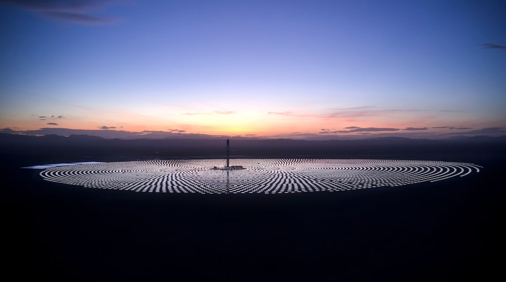 An aerial view of the Crescent Dunes Solar Energy Project at sunset near Tonopah, Nevada.