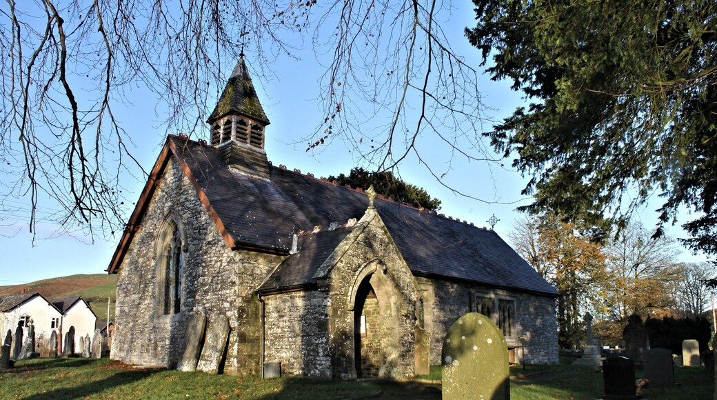St David, Llanddewi Ystradenni, Powys, Wales. SO1080868636. St David's church lies in a partly curvilinear churchyard on the east side of the River Ithon in the parish of Upper Ithon Valley. Church also known as 'Llanddewi'.
