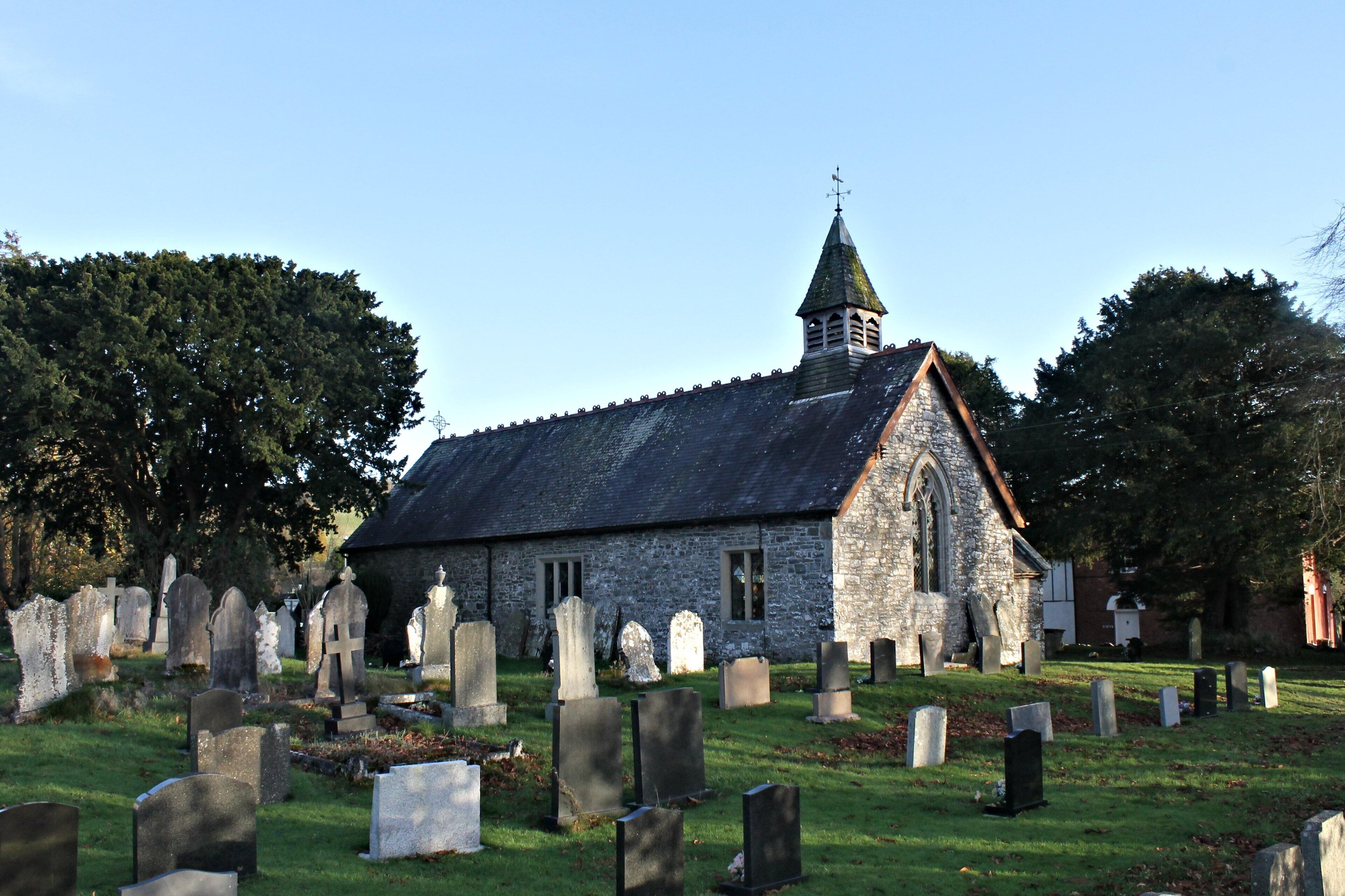 St David, Llanddewi Ystradenni, Powys, Wales. SO1080868636. St David's church lies in a partly curvilinear churchyard on the east side of the River Ithon in the parish of Upper Ithon Valley. Church also known as 'Llanddewi'.