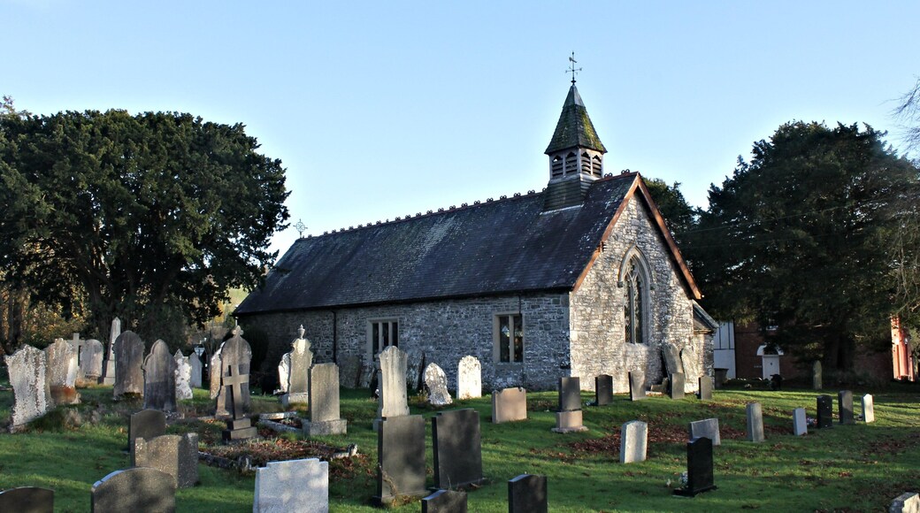 St David, Llanddewi Ystradenni, Powys, Wales. SO1080868636. St David's church lies in a partly curvilinear churchyard on the east side of the River Ithon in the parish of Upper Ithon Valley. Church also known as 'Llanddewi'.