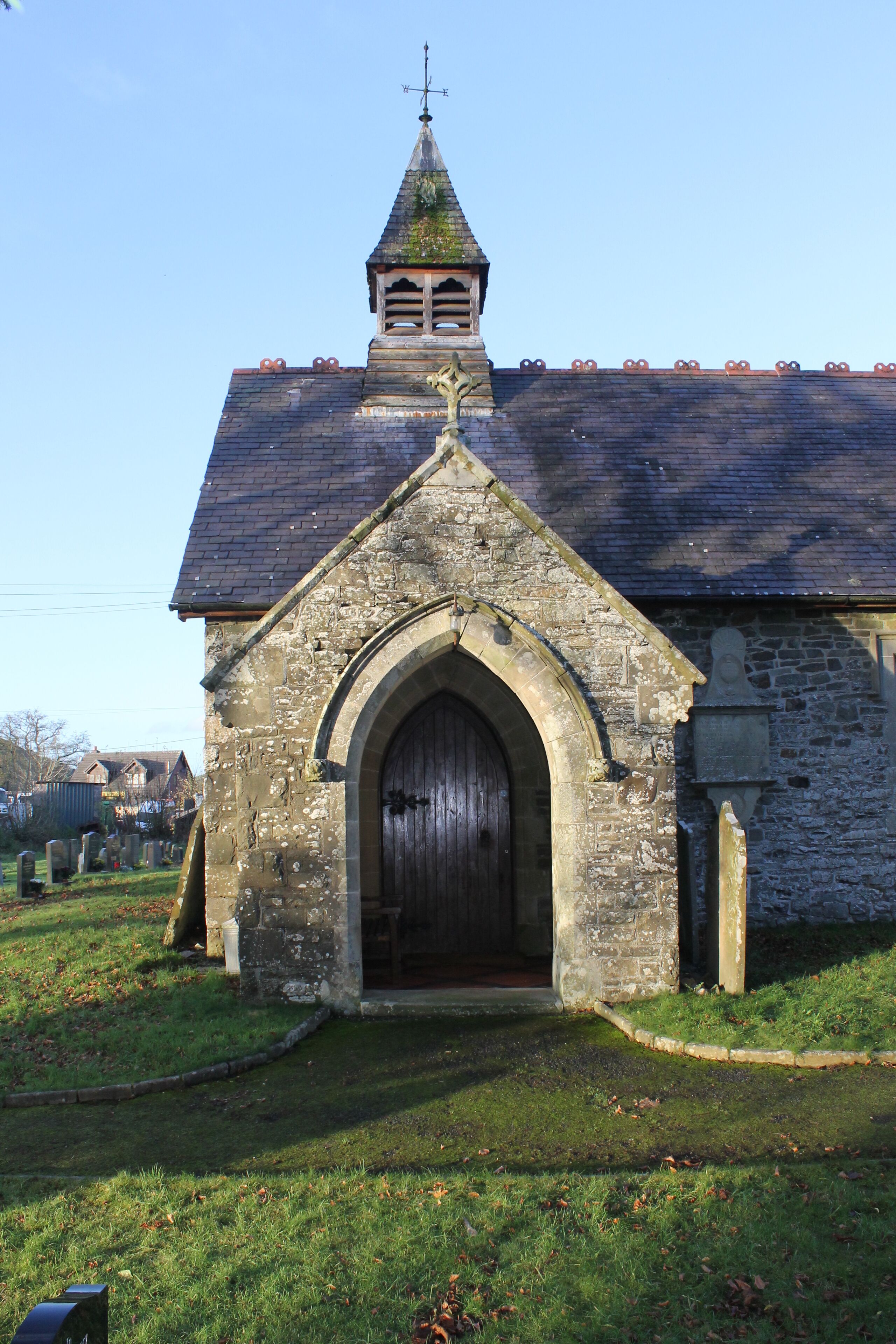 St David, Llanddewi Ystradenni, Powys, Wales. SO1080868636. St David's church lies in a partly curvilinear churchyard on the east side of the River Ithon in the parish of Upper Ithon Valley. Church also known as 'Llanddewi'.