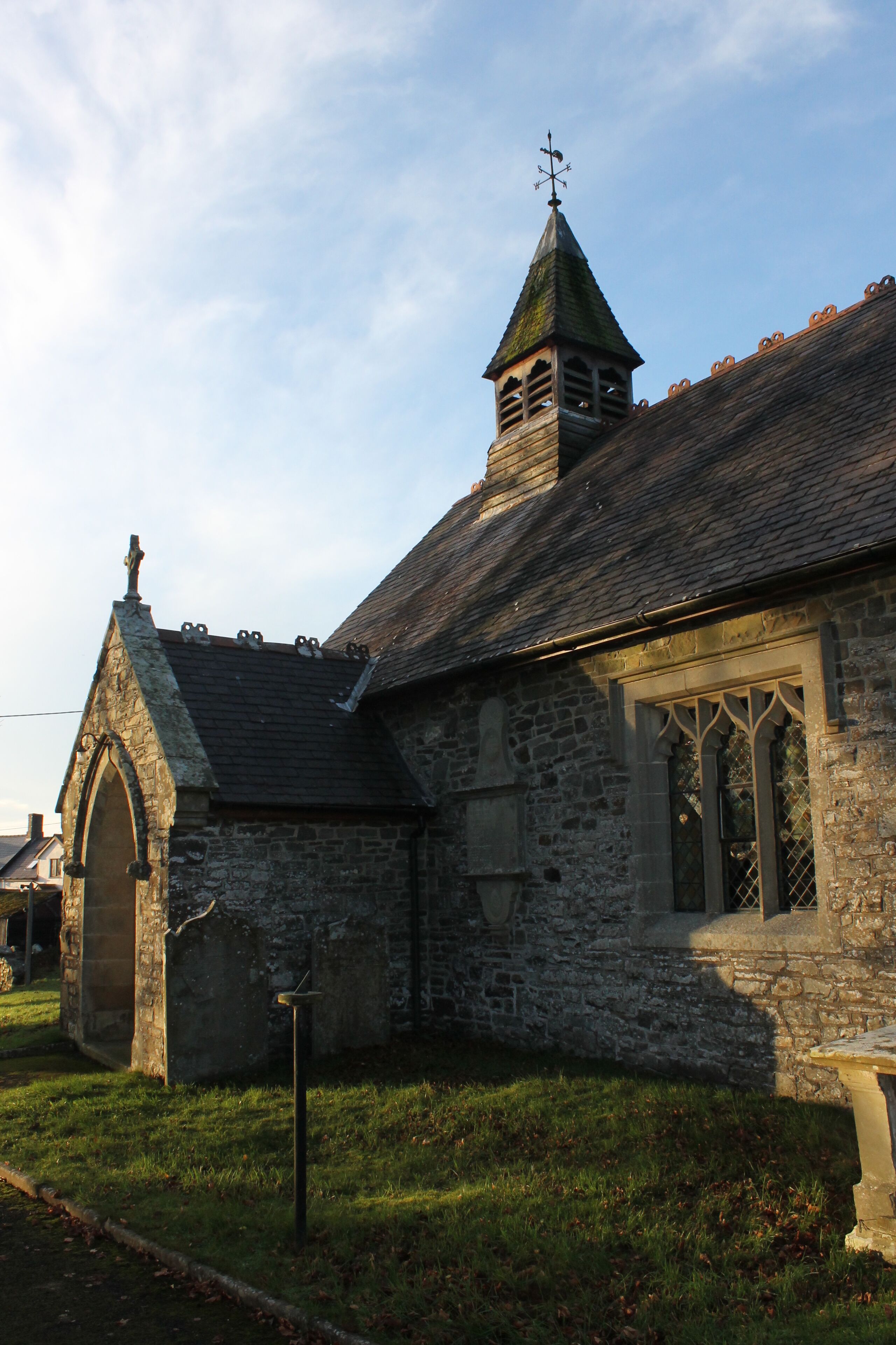 St David, Llanddewi Ystradenni, Powys, Wales. SO1080868636. St David's church lies in a partly curvilinear churchyard on the east side of the River Ithon in the parish of Upper Ithon Valley. Church also known as 'Llanddewi'.