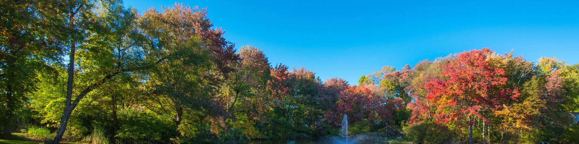 Autumn fall landscape reflected on the water in Bucks County, Pennsylvania, USA.