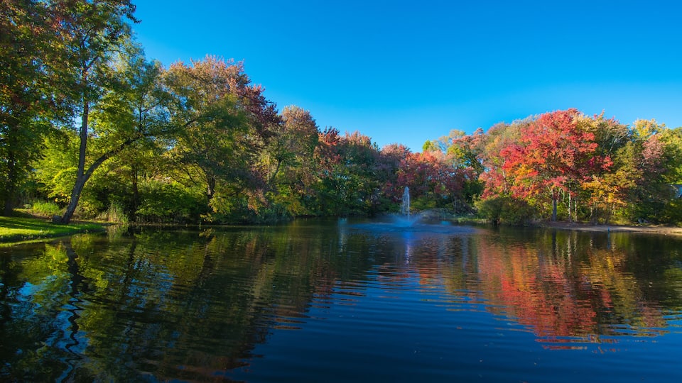A calm lake with autumn foliage and a fountain in the center.