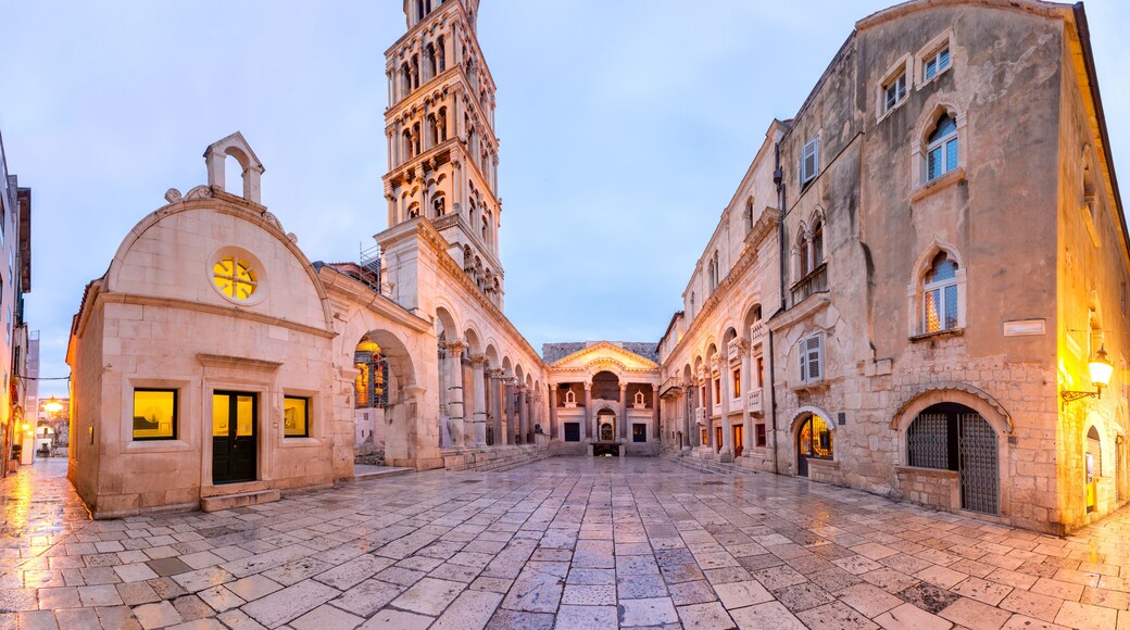 Panoramic view of Saint Domnius Cathedral in Diocletian Palace in Old Town of Split, the second largest city of Croatia in the morning