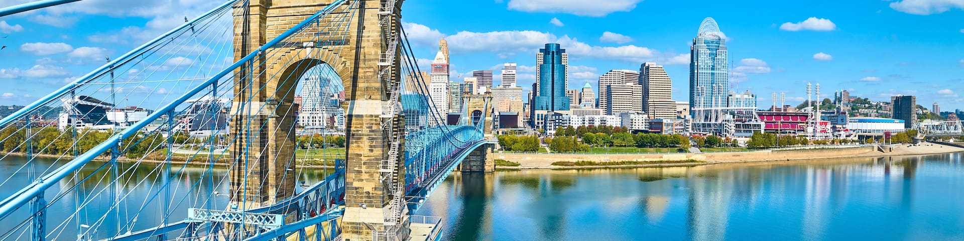 Aerial of John A. Roebling Bridge and Cincinnati Skyline