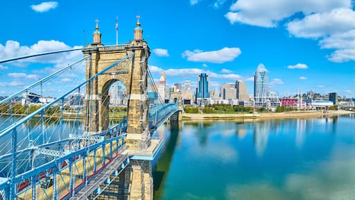 Aerial of John A. Roebling Bridge and Cincinnati Skyline