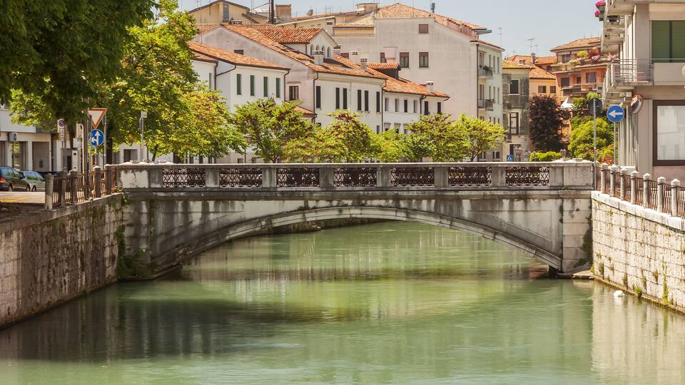 A stone bridge over a calm river, surrounded by trees and buildings with red-tiled roofs.
