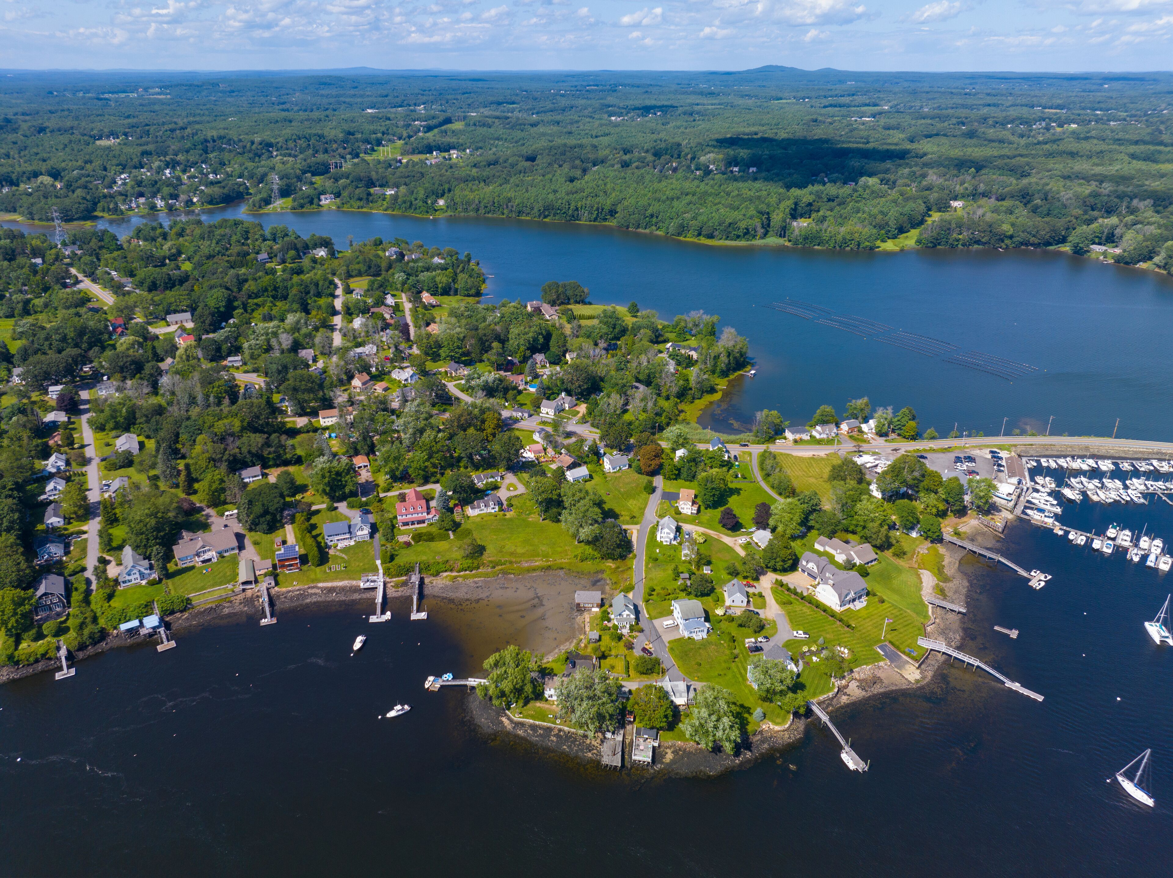 Great Cove on Piscataqua River aerial view in summer with Spinney Creek at the background, South Eliot, Maine ME, USA. 