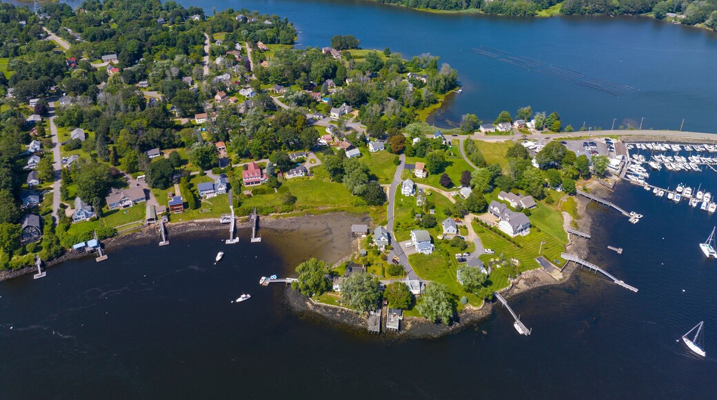 Great Cove on Piscataqua River aerial view in summer with Spinney Creek at the background, South Eliot, Maine ME, USA.