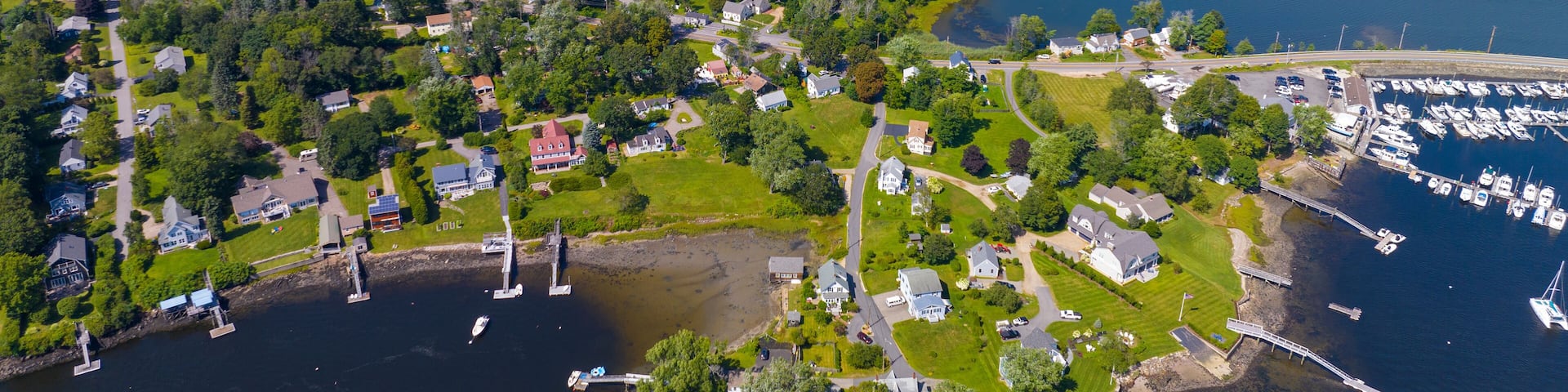 Great Cove on Piscataqua River aerial view in summer with Spinney Creek at the background, South Eliot, Maine ME, USA.