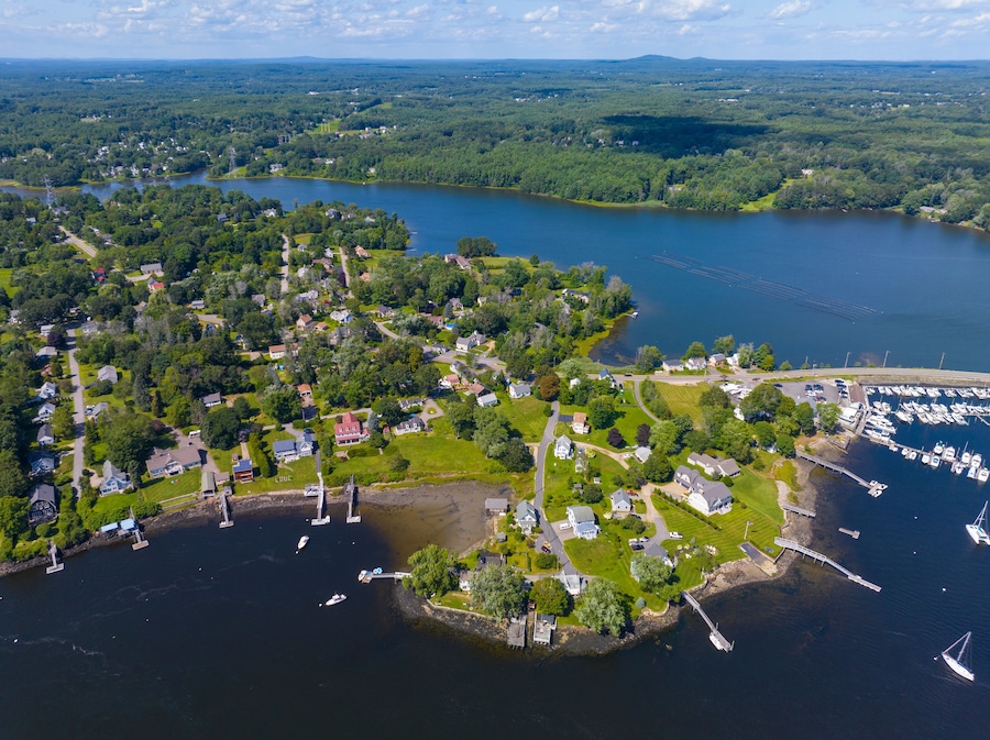 Great Cove on Piscataqua River aerial view in summer with Spinney Creek at the background, South Eliot, Maine ME, USA.