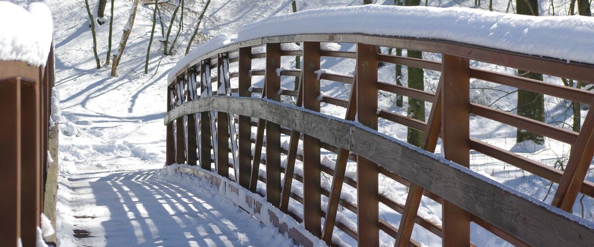 A snow-covered wooden bridge in a forest.
