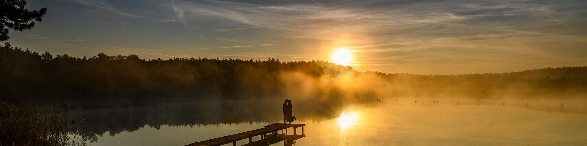Un amanecer sobre un lago tranquilo con un muelle de madera que se adentra en el agua, rodeado de árboles y niebla.