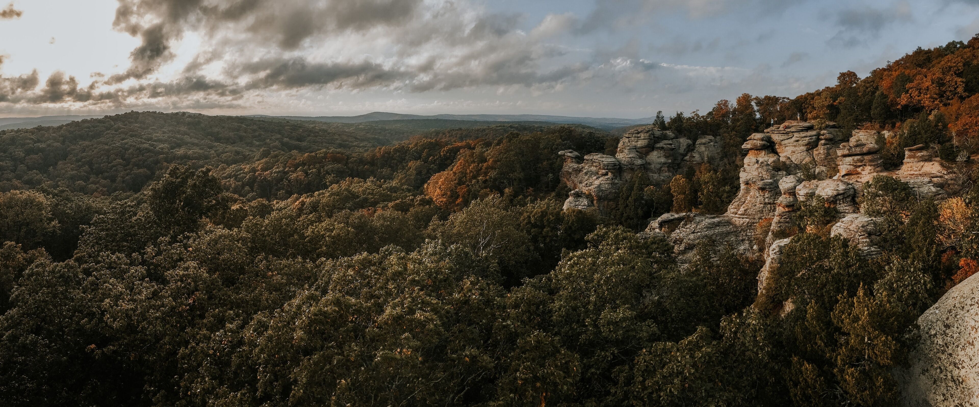 A forested mountain landscape with rocky outcrops.