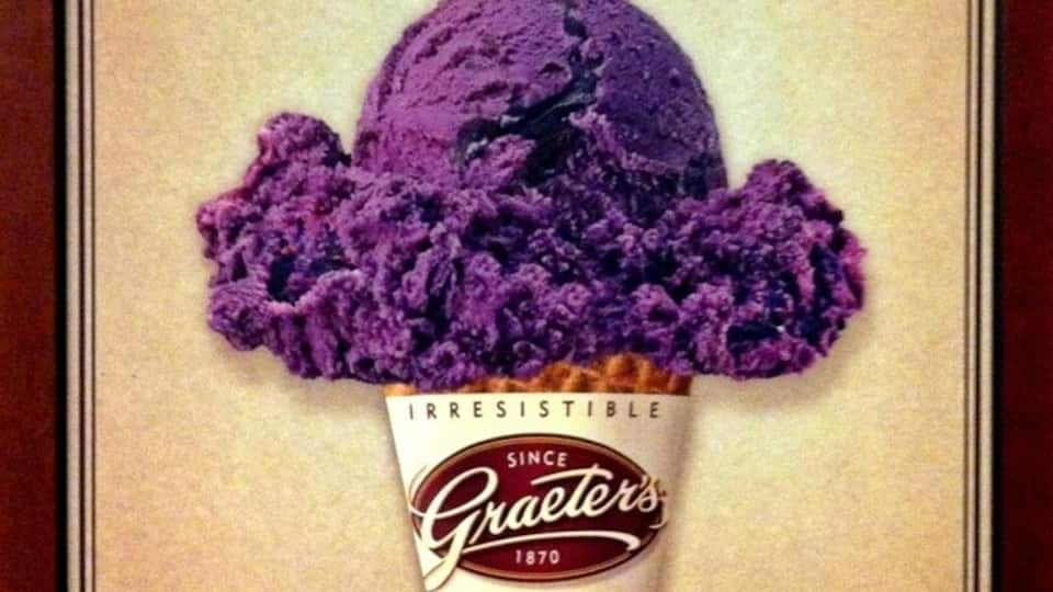 A purple ice cream cone with the text "Our CHIPS aren't off the old block." and "Irresistible SINCE 1870 Graeter's".