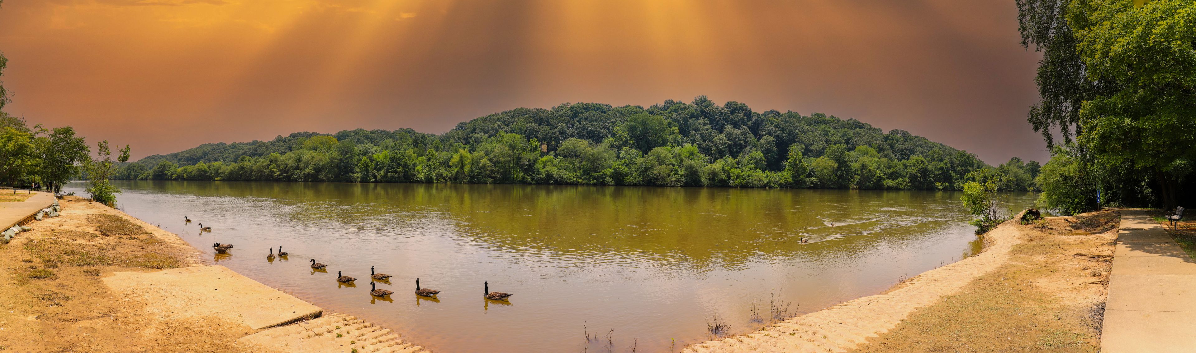 a stunning panoramic shot of the silky brown water of the Chattahoochee river surrounded by lush green trees reflecting off the water with ducks swimming at sunset at Azalea Park in Roswell Georgia