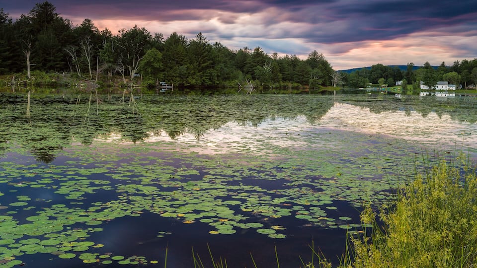 Sunset over Ulster Heights Lake, Ellenville, New York.